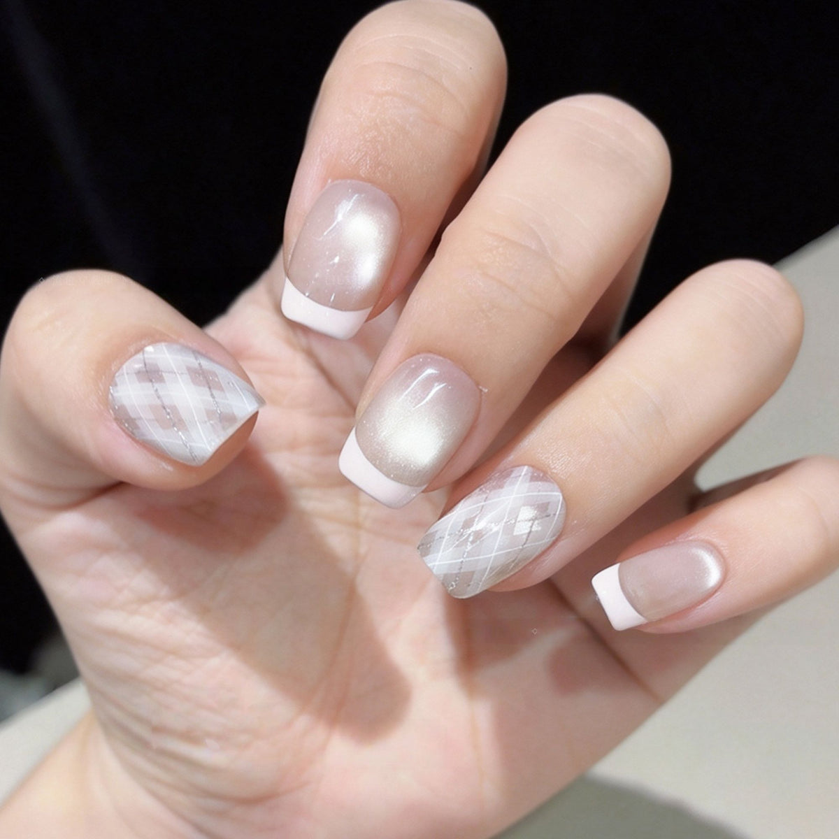 Pink Argile French - Handcrafted Pearl Cat-Eye & Blush French Plaid Press-On Nails