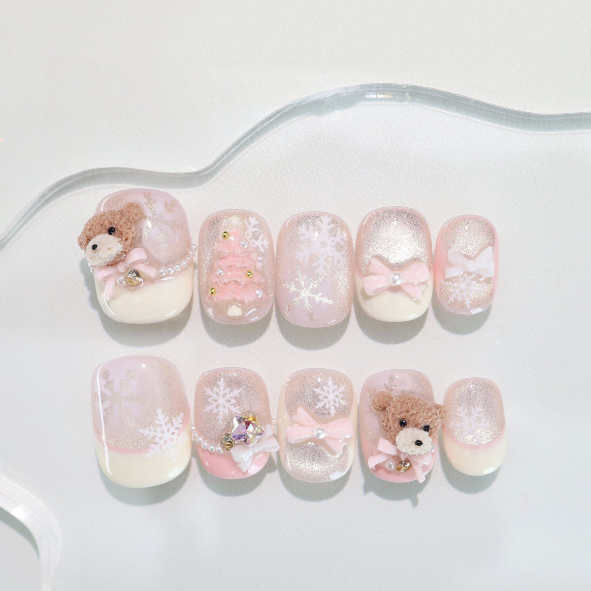 Pink Winter Wonderland Bear - Handcrafted Pink Cat-Eye Press-On Nails with Plush Teddy Bear & Christmas Tree Charms