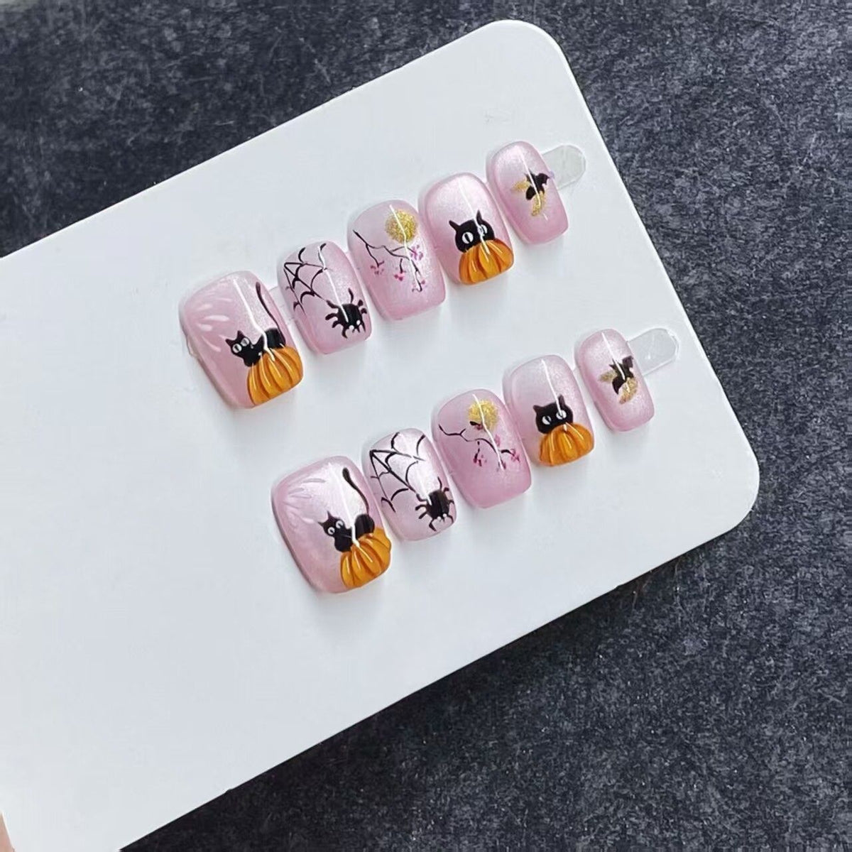 Pink Cat-Eye Spooky Kitten - Handcrafted 3D Pumpkin & Cute Black Cat Press-On Nails