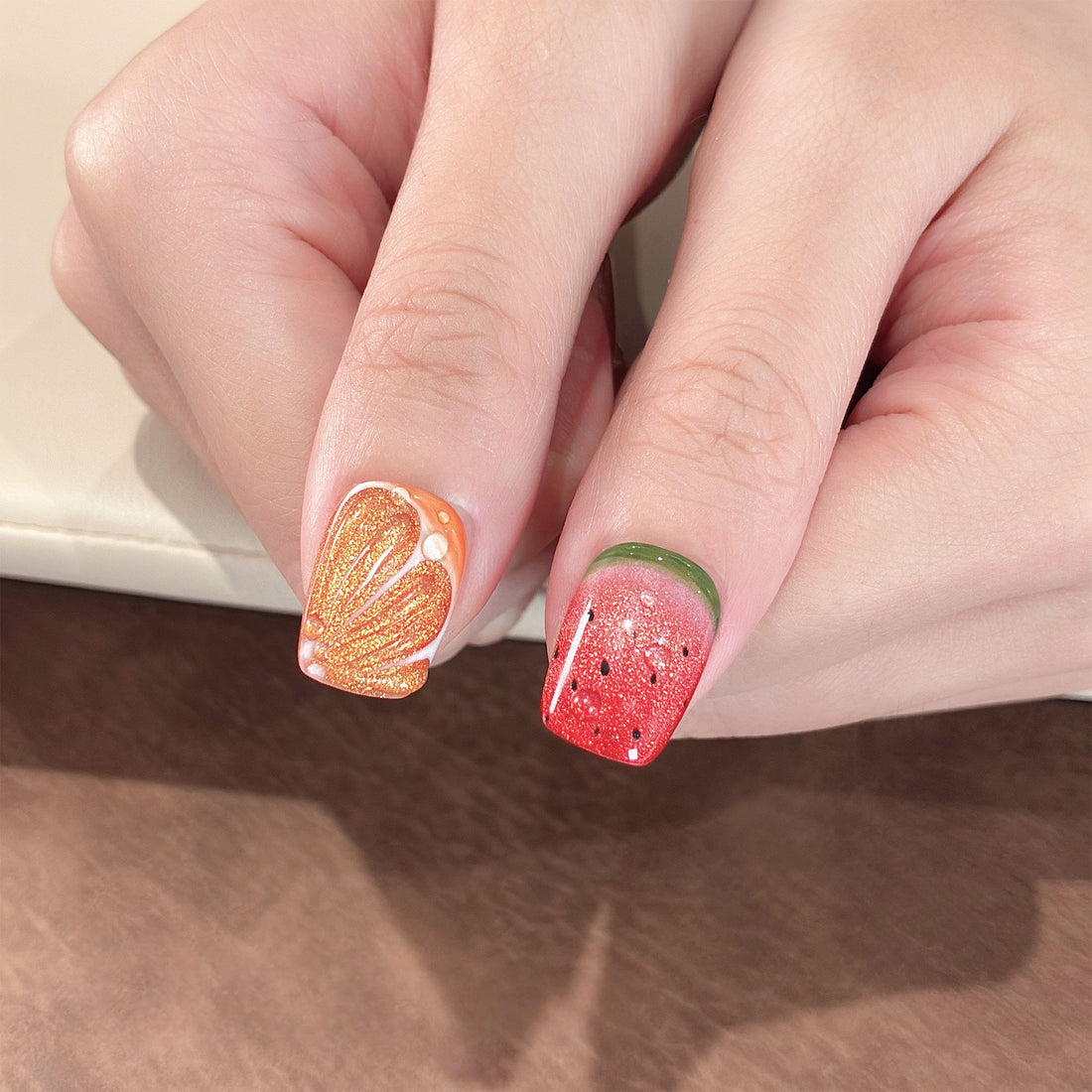 Juicy Summer Fruit - Handcrafted Multi-Color Cat-Eye & 3D Fruit Press-On Nails