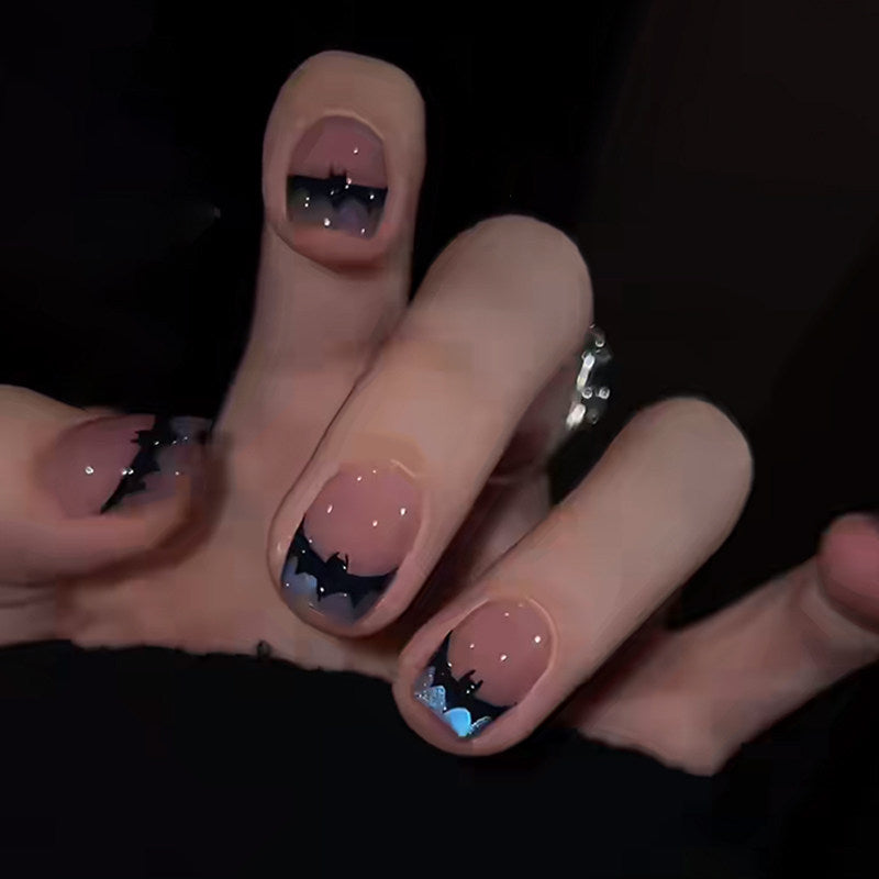Gothic Bat Cat-Eye French - Handcrafted Bat Silhouette & Blue Cat-Eye Press-On Nails