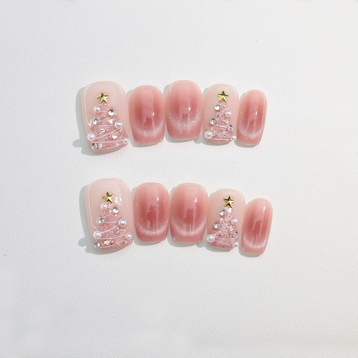 Pink Christmas Glam - Handcrafted Pink Cat-Eye & 3D Crystal Christmas Tree Press-On Nails