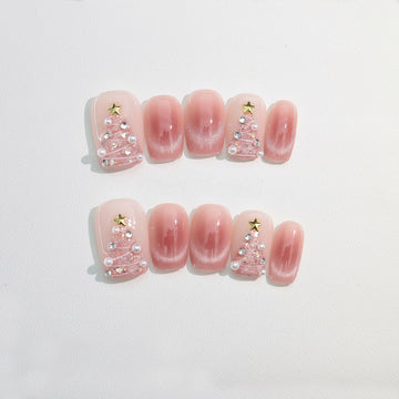 Pink Christmas Glam - Handcrafted Pink Cat-Eye & 3D Crystal Christmas Tree Press-On Nails