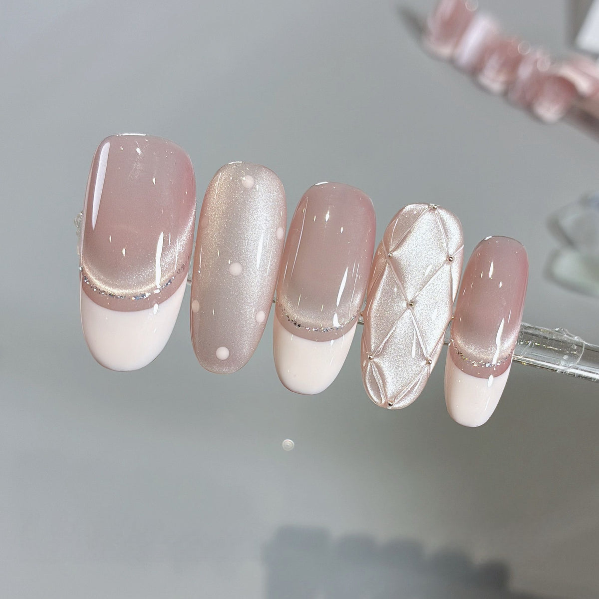 Pink Quilted Glam - Handcrafted Pink Cat-Eye & 3D Quilted French Press-On Nails