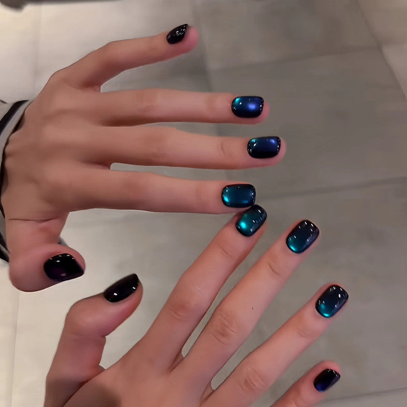 Deep Sea Aurora - Handcrafted Black & Emerald-Blue Cat-Eye Press-On Nails
