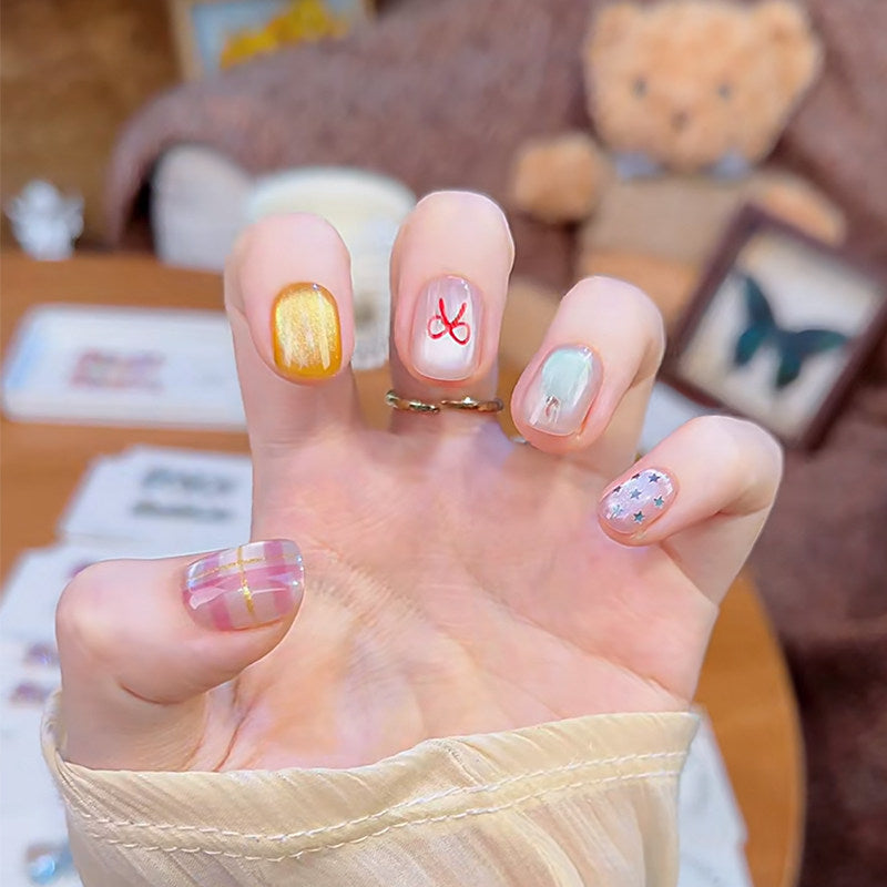 Doodle Bows & Gingham - Handcrafted Y2K Celestial & Cat-Eye Press-On Nails