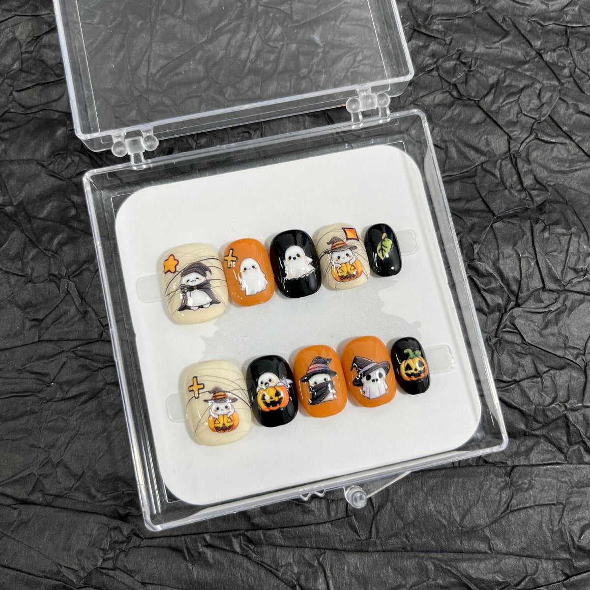 Kawaii Little Ghost - Handcrafted 3D Spooky Ghost & Pumpkin Halloween Press-On Nails