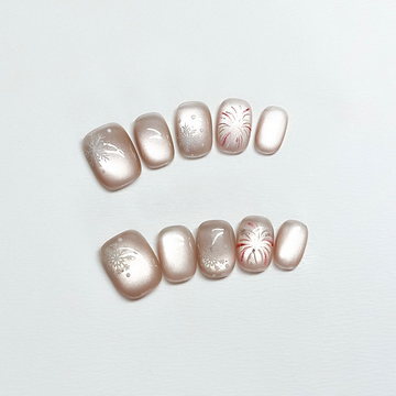 Frosty Sparkle - Handcrafted Winter Snowflake & Firework Cat-Eye Press-On Nails