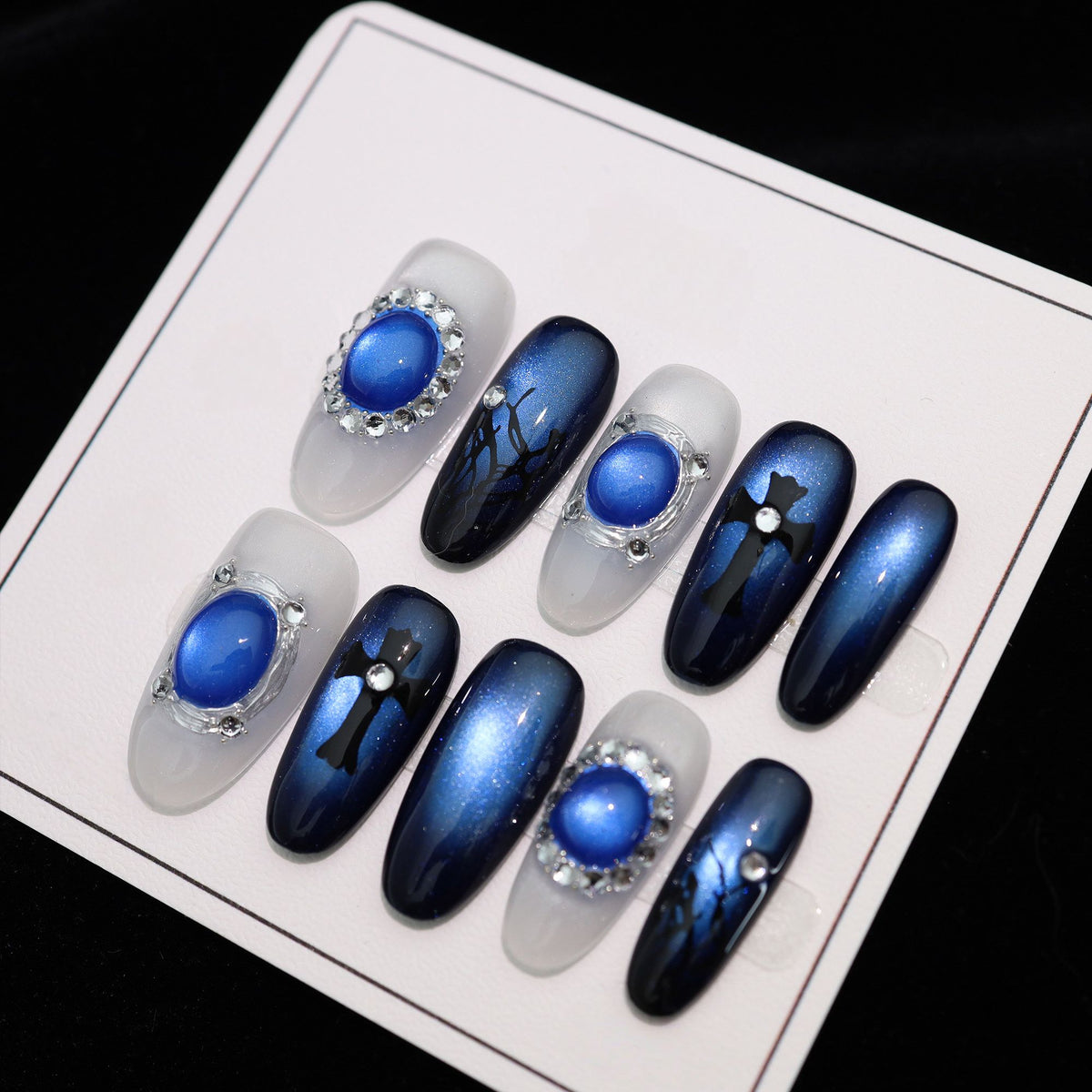 Midnight Royal Goth Gem - Handcrafted Royal Blue Cat-Eye, Gothic Cross & Sapphire Gem Press-On Nails
