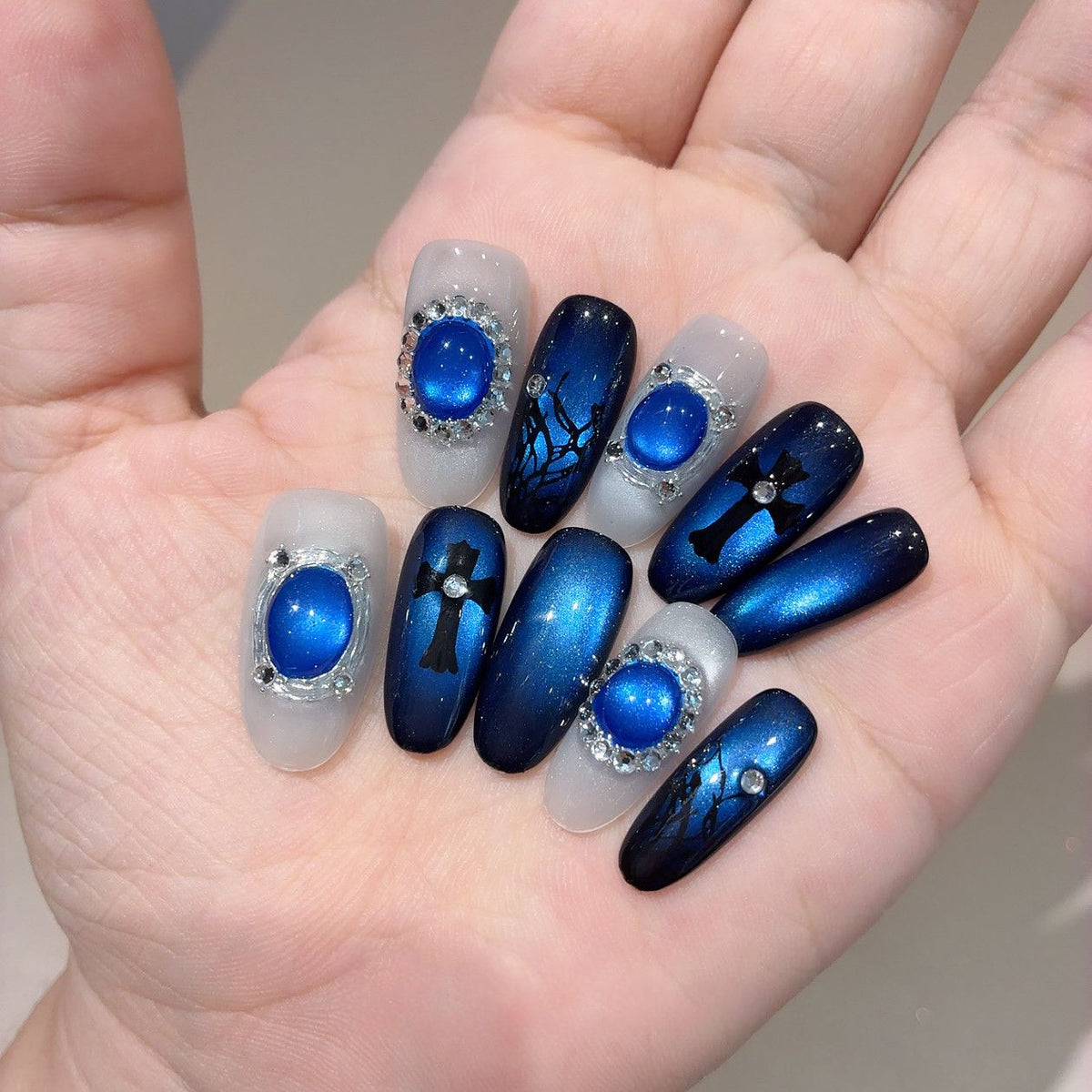 Midnight Royal Goth Gem - Handcrafted Royal Blue Cat-Eye, Gothic Cross & Sapphire Gem Press-On Nails