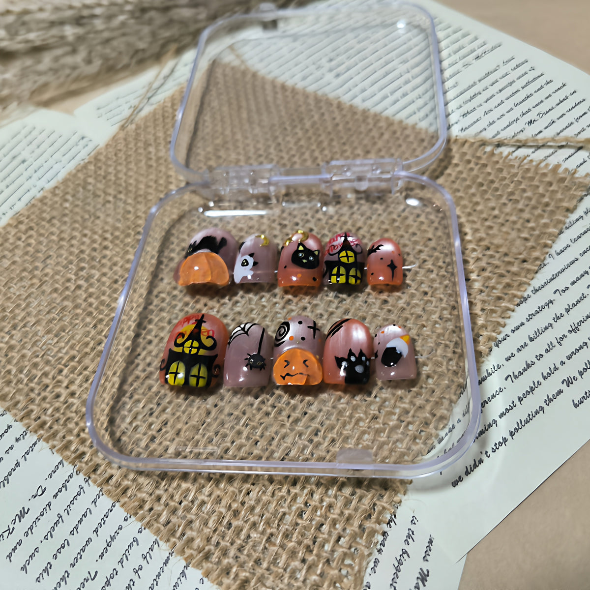 Kawaii Spooky Cat - Handcrafted 3D Pumpkin & Black Cat Halloween Press-On Nails
