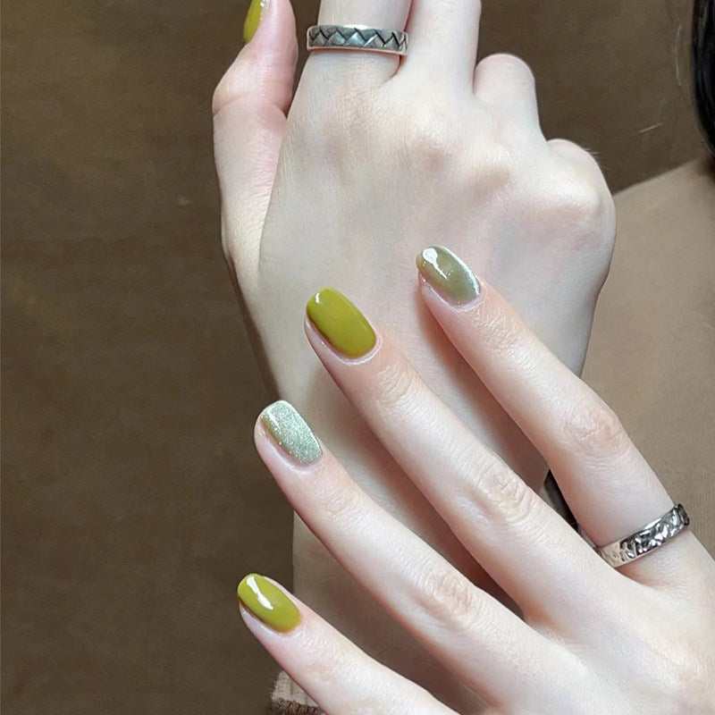 Matcha Velvet - Handcrafted Avocado Green & Silver Cat-Eye Press-On Nails
