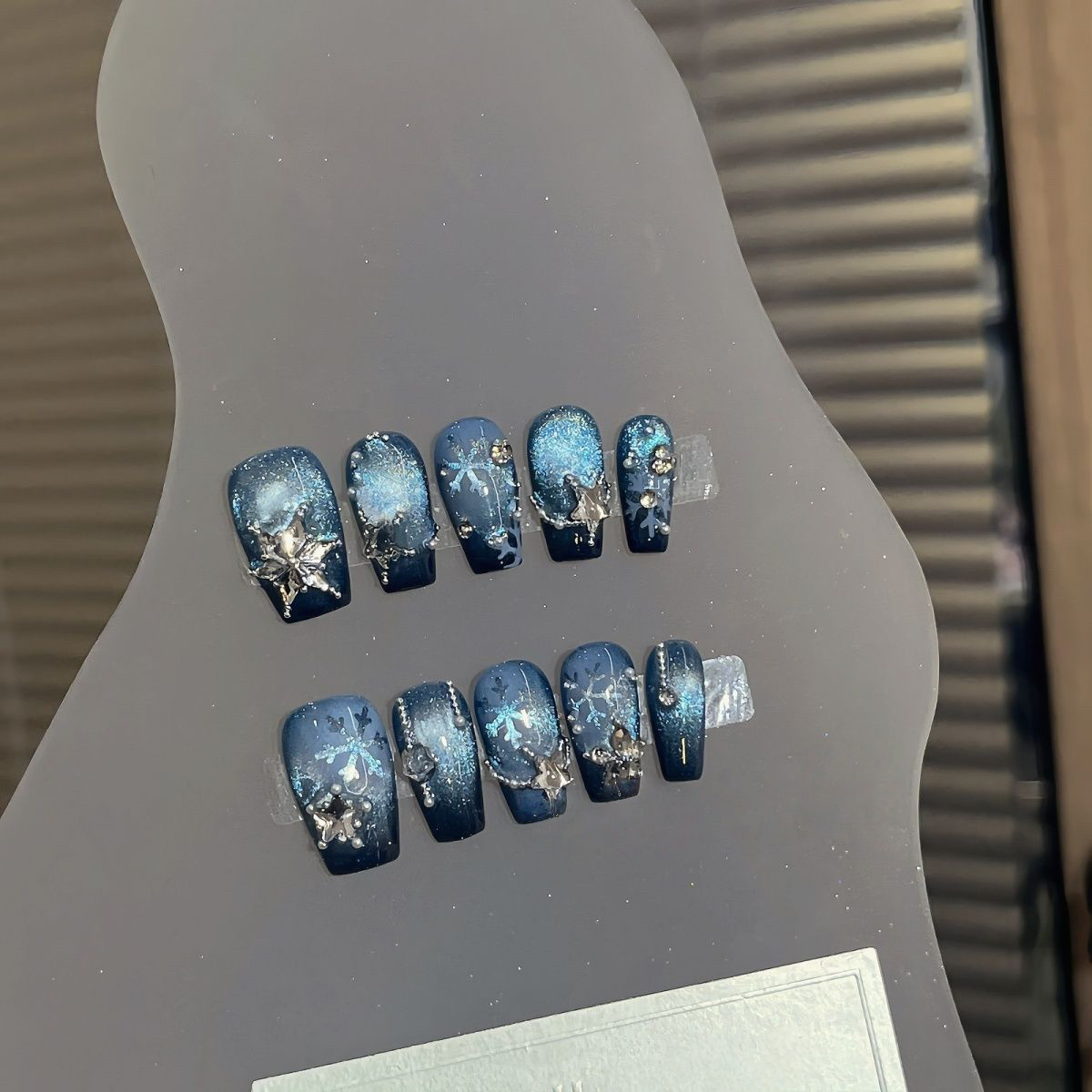 Icy Snowflake - Handcrafted Night Blue Cat-Eye & 3D Crystal Star Press-On Nails