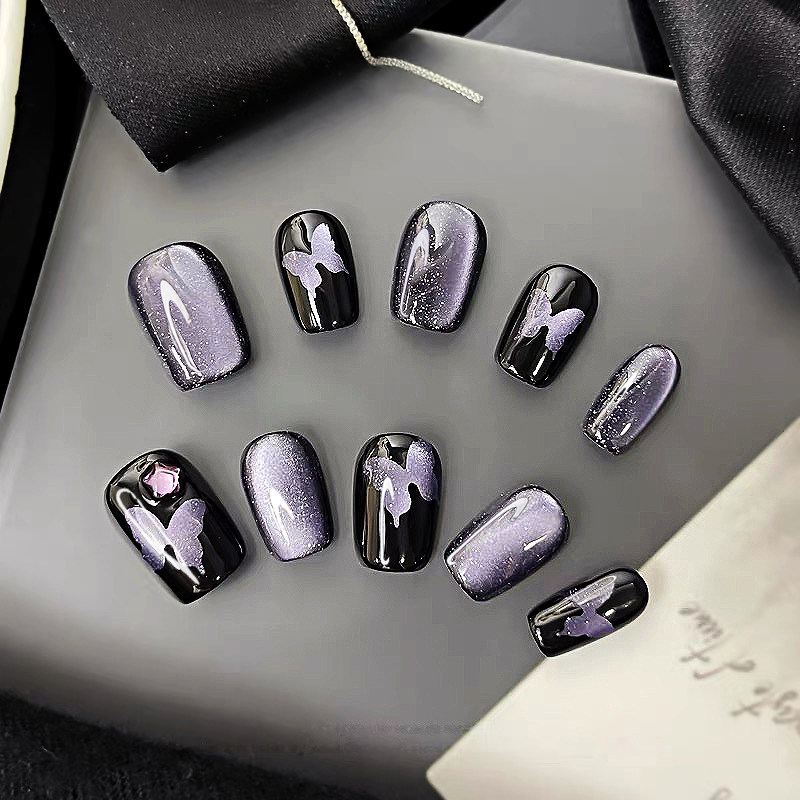 Gothic Butterfly - Handcrafted Purple Galaxy Cat-Eye & 3D Star Press-On Nails
