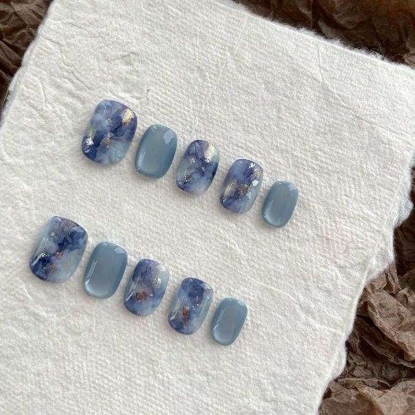 Glacier Bloom Marble - Handcrafted Icy Blue Watercolor Ink & Foil Press-On Nails