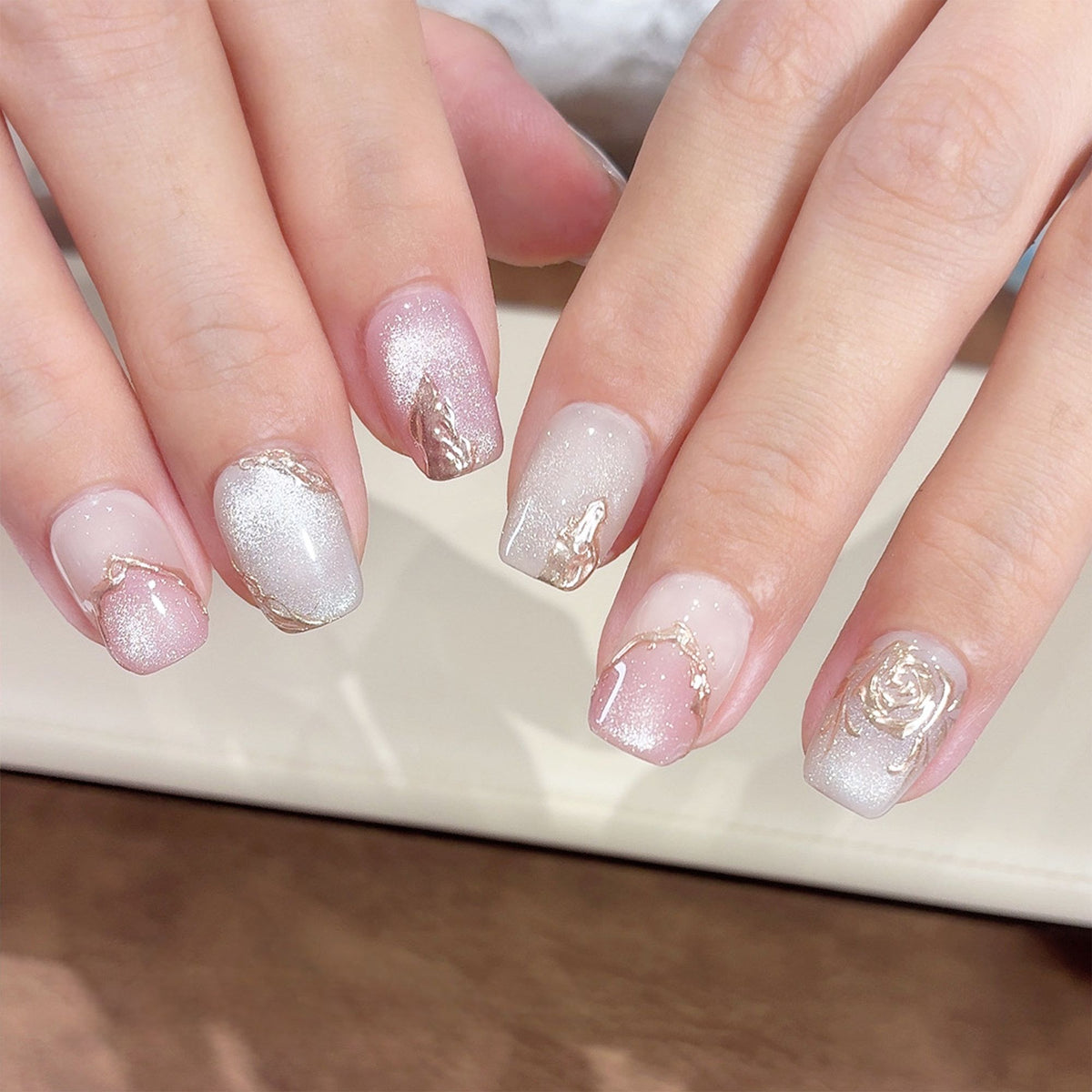 French Gold Relief Rose - Handcrafted Pink Cat-Eye & 3D Gold Rose Press-On Nails