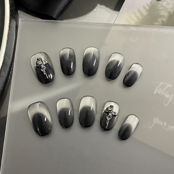 Gothic Silver Rose - Handcrafted Black Ombré Cat-Eye & 3D Metal Rose Press-On Nails