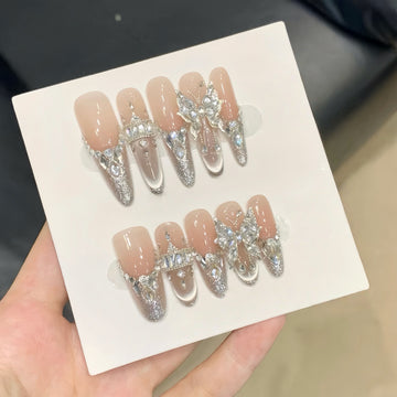 Crystal Butterfly Crown - Handcrafted 3D Crystal Butterfly & Jeweled Crown Press-On Nails