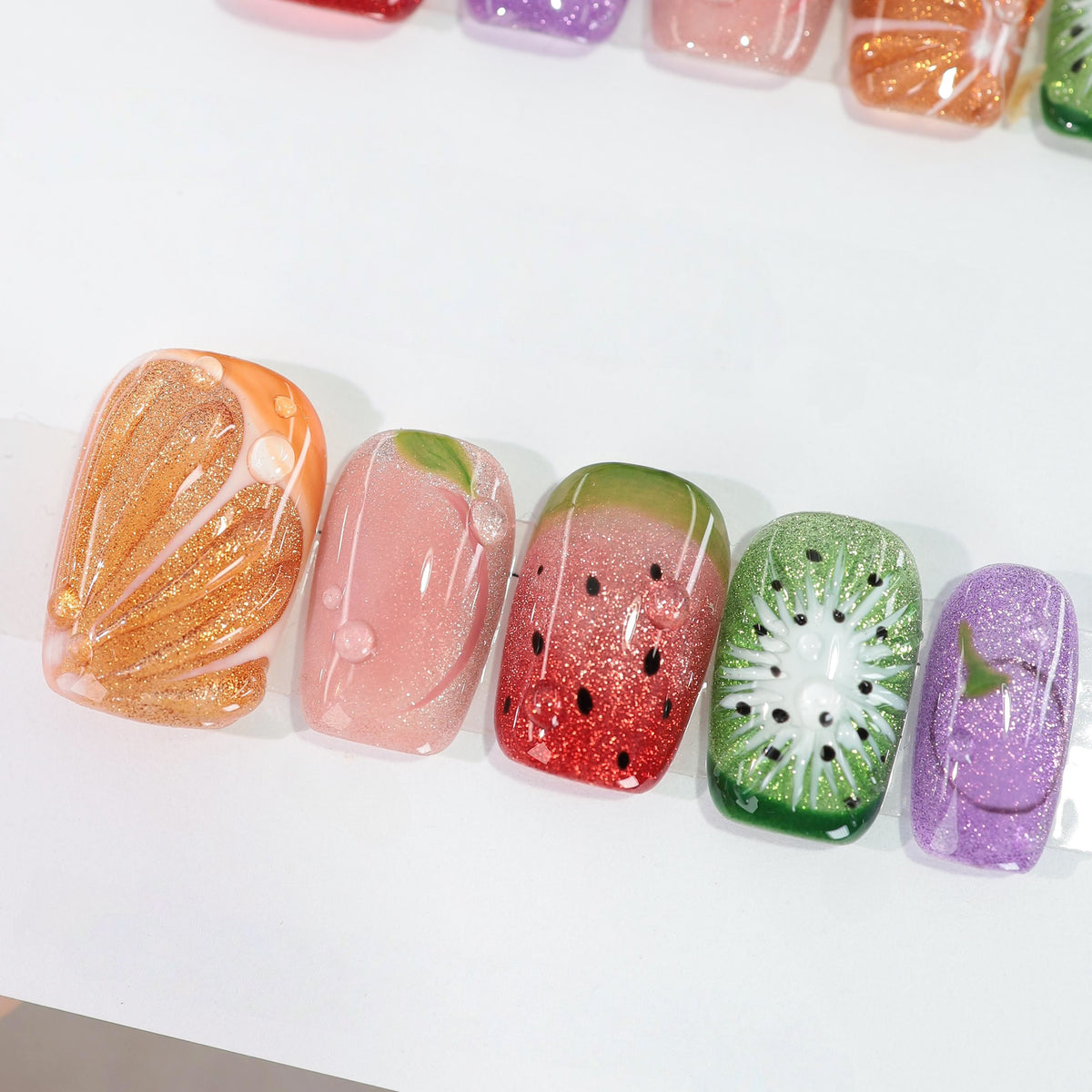 Juicy Summer Fruit - Handcrafted Multi-Color Cat-Eye & 3D Fruit Press-On Nails