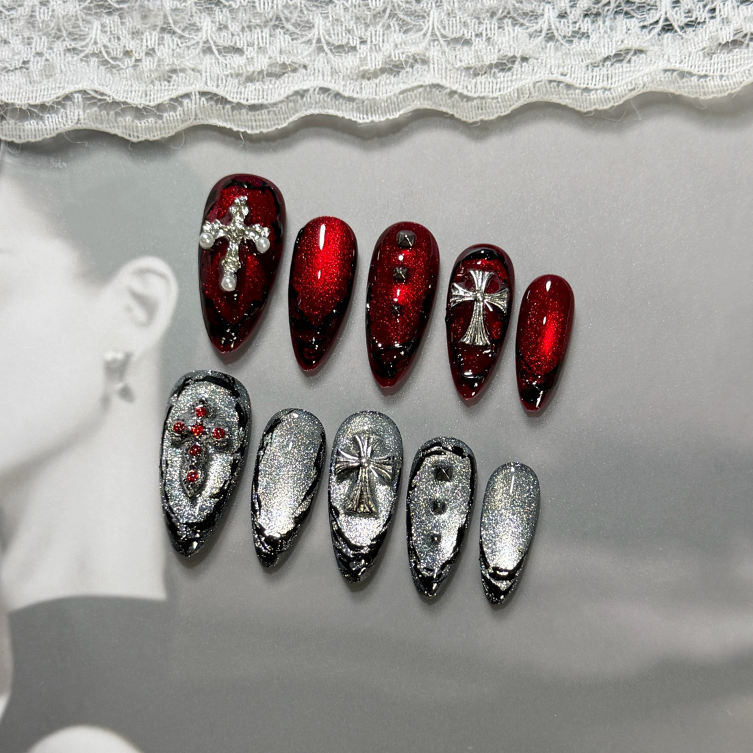 Gothic Cross - Handcrafted Dark Red Cat-Eye & 3D Silver Cross Press-On Nails