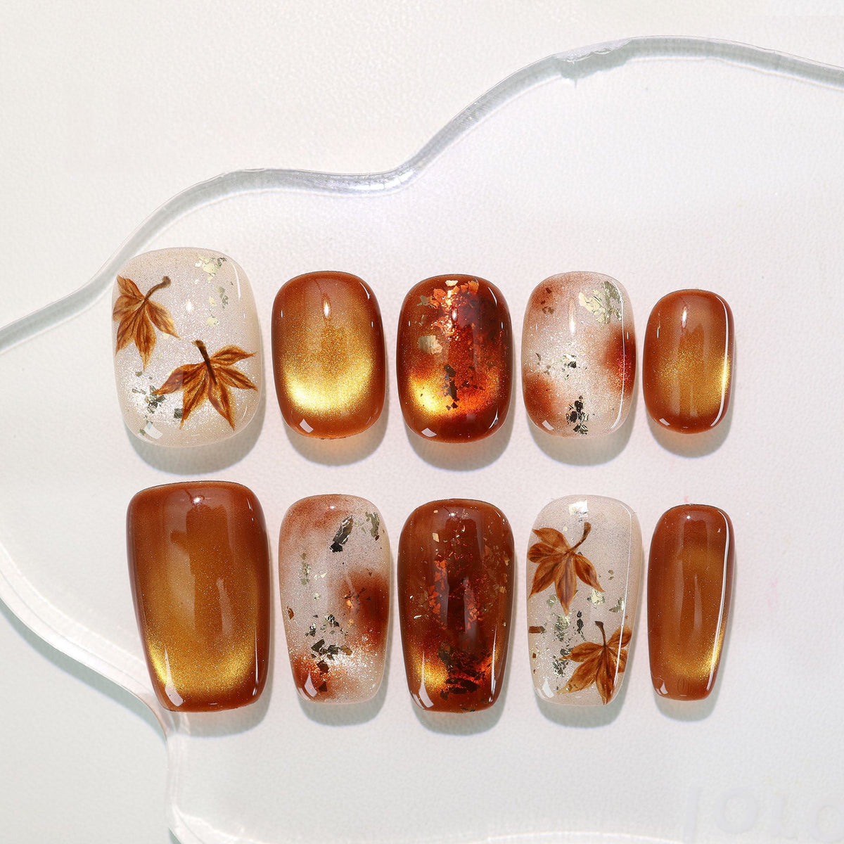 Autumn Maple Leaf - Handcrafted Amber Cat-Eye & Maple Leaf Press-On Nails
