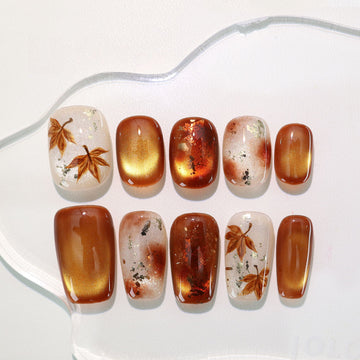 Autumn Maple Leaf - Handcrafted Amber Cat-Eye & Maple Leaf Press-On Nails