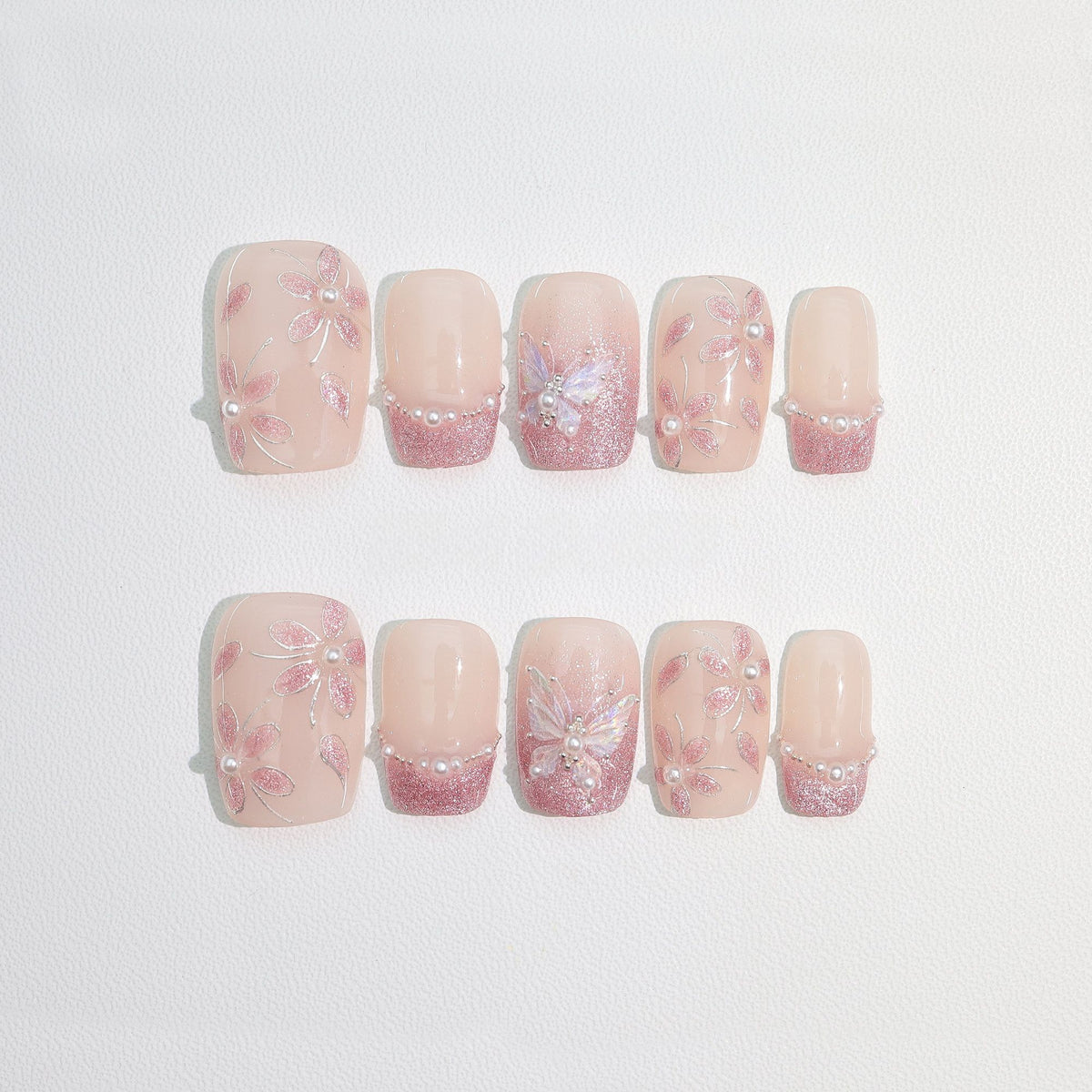 Aurora Pink Butterfly Floral - Handcrafted Pink Cat-Eye & 3D Glass Butterfly Press-On Nails