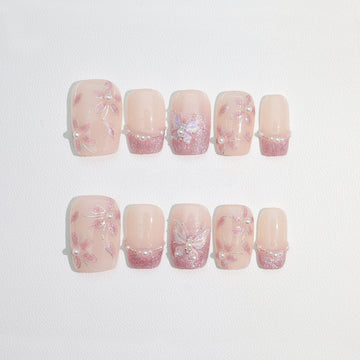 Aurora Pink Butterfly Floral - Handcrafted Pink Cat-Eye & 3D Glass Butterfly Press-On Nails