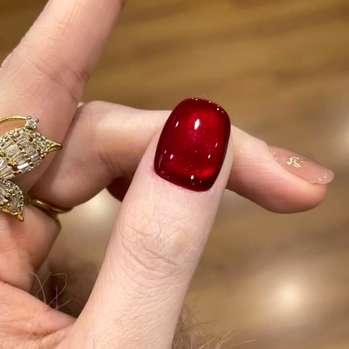 Imperial Blossom - Handcrafted Crimson Cat-Eye & Gold Relief Press-On Nails