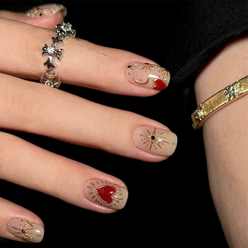 Baroque Red Heart - Handcrafted Gold Relief & Crimson Heart Press-On Nails