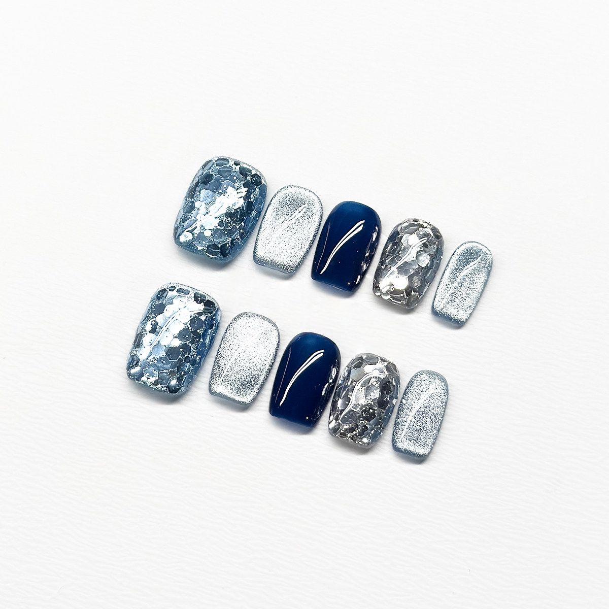 Ocean Glacier Sequins - Handcrafted Ice Blue Chunky Glitter & Deep Midnight Blue Press-On Nails