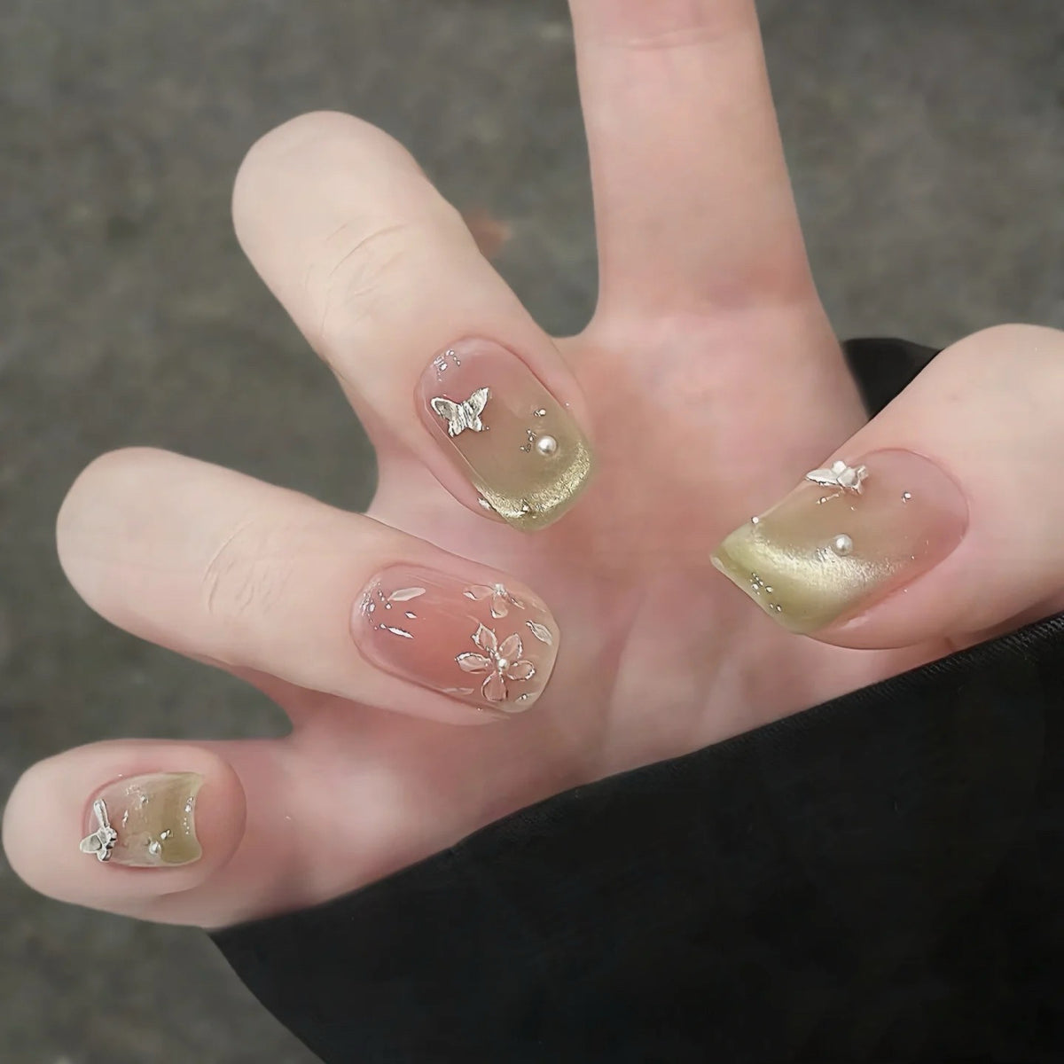 Matcha Butterfly - Handcrafted Matcha Green Cat-Eye & 3D Silver Butterfly Press-On Nails