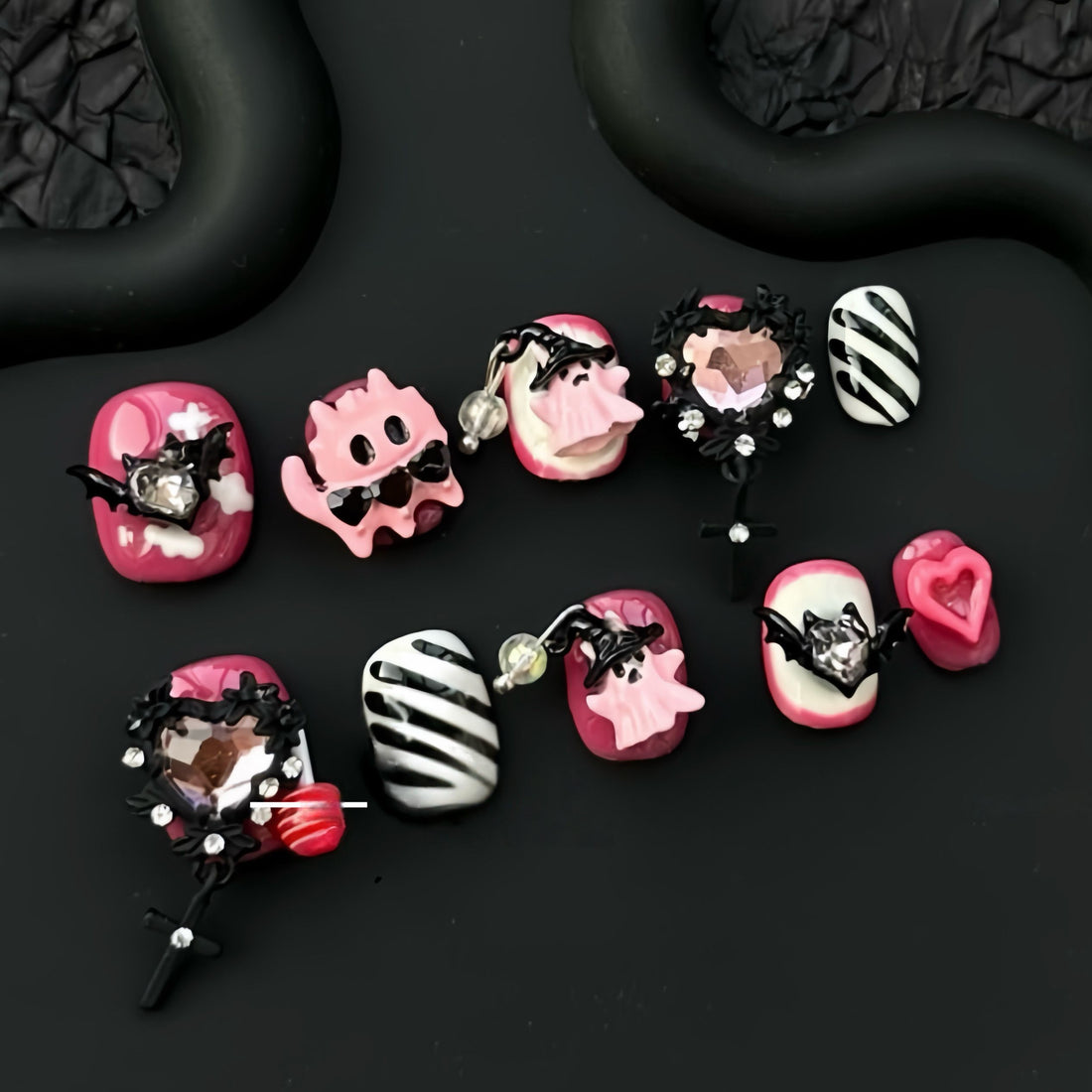 Pastel Goth Spooky - Handcrafted Pink & Black Monster, Ghost & Cross Dangle Press-On Nails