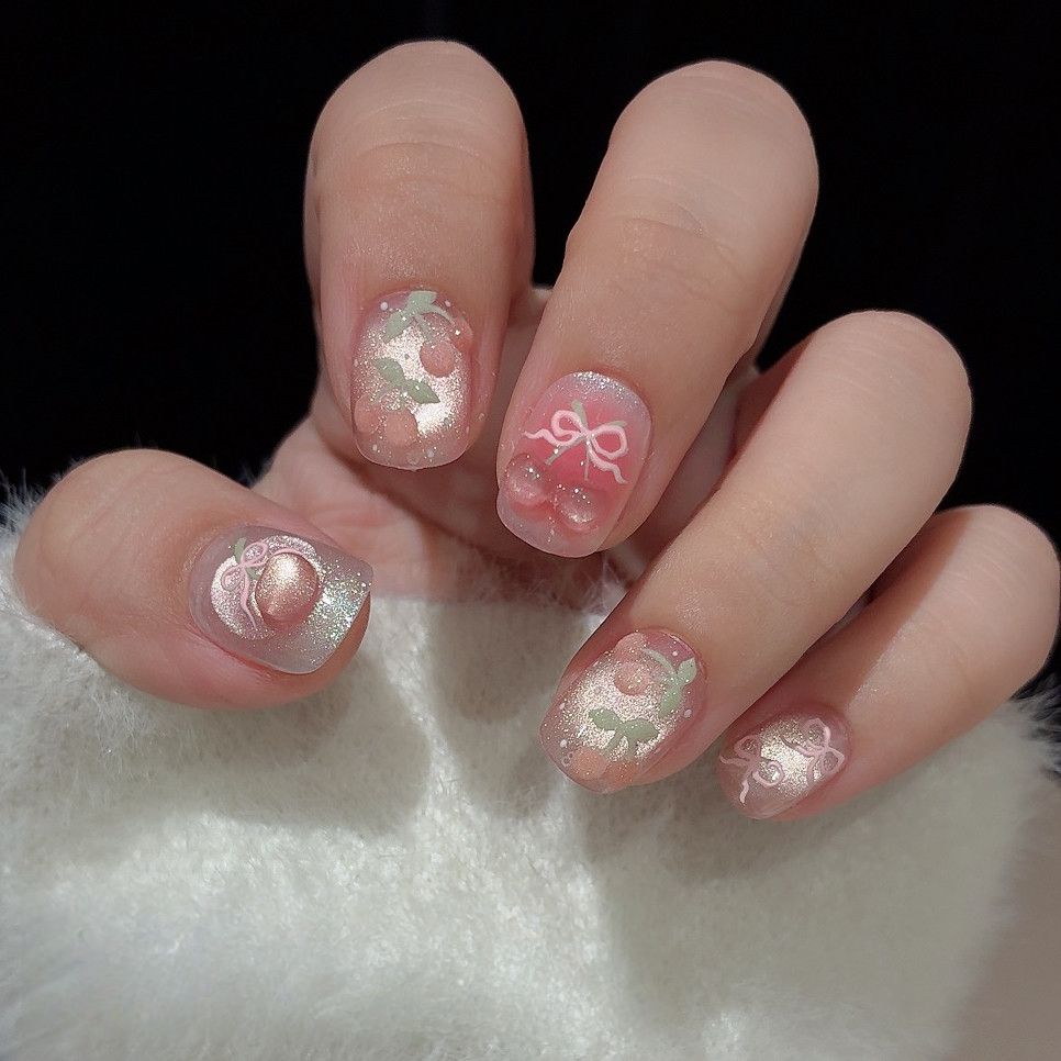 Sweet Cherry - Handcrafted Ice Pink Cat-Eye & 3D Cherry Bow Press-On Nails