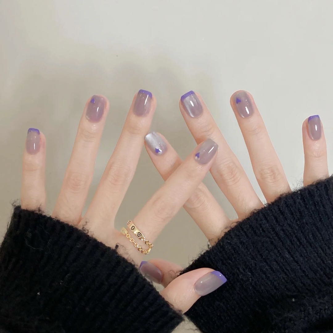 Lavender Dream French - Handcrafted Lilac Cat-Eye & Purple Heart Press-On Nails