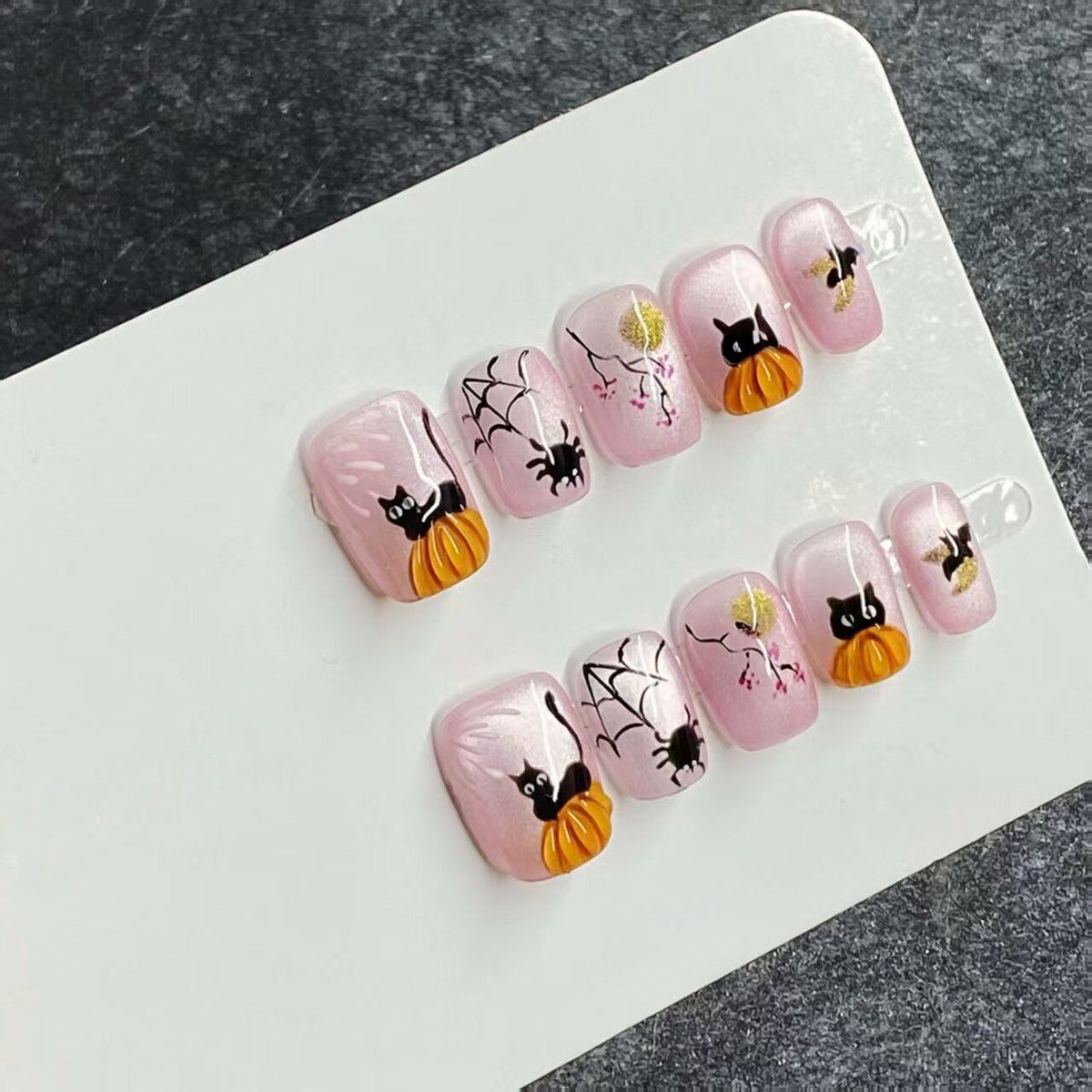 Pink Cat-Eye Spooky Kitten - Handcrafted 3D Pumpkin & Cute Black Cat Press-On Nails