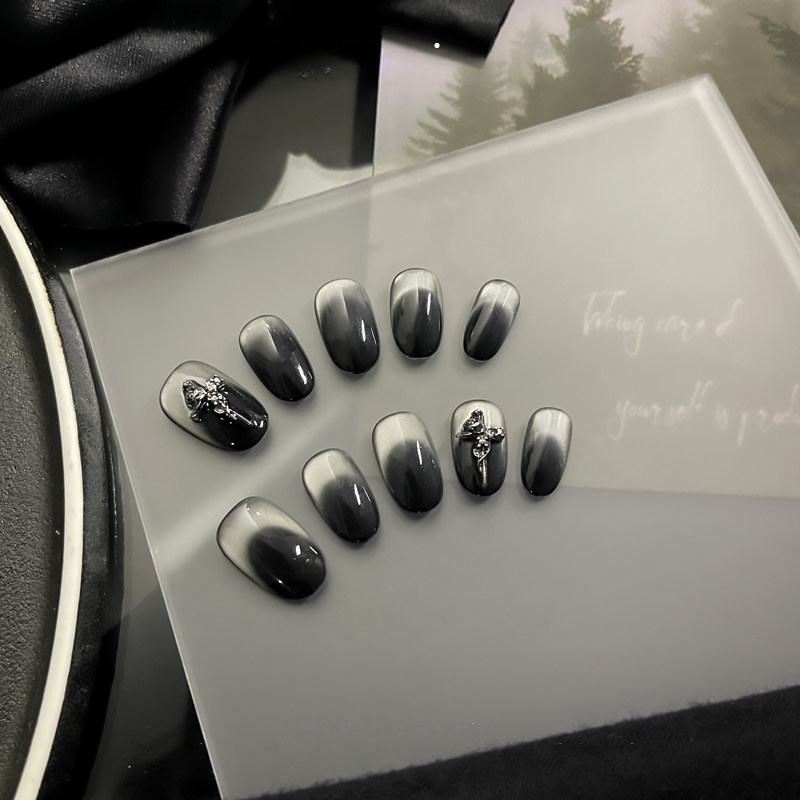 Gothic Silver Rose - Handcrafted Black Ombré Cat-Eye & 3D Metal Rose Press-On Nails