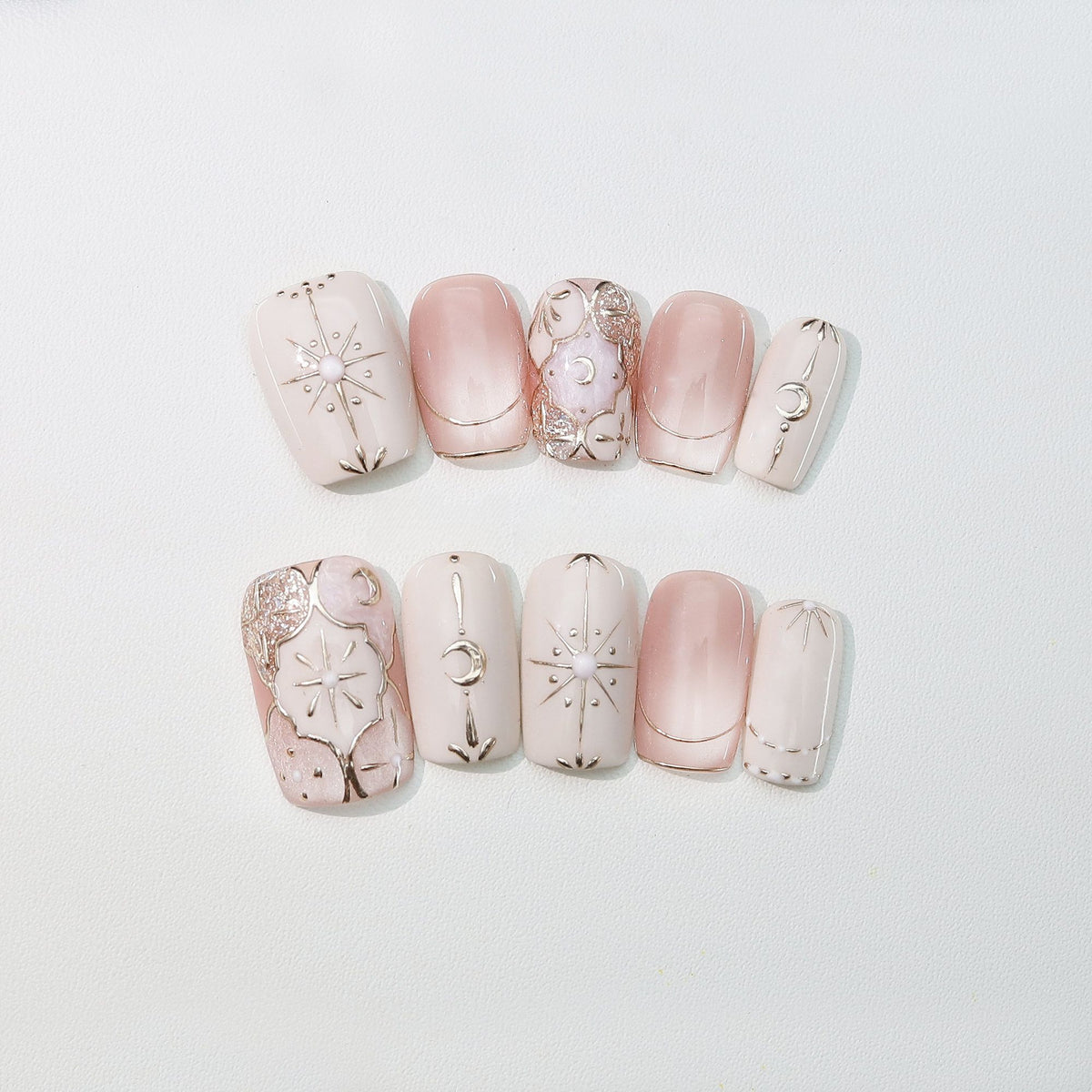 Celestial Rosy Quartz - Handcrafted Rose Nude & 3D Gold Sun & Moon Press-On Nails
