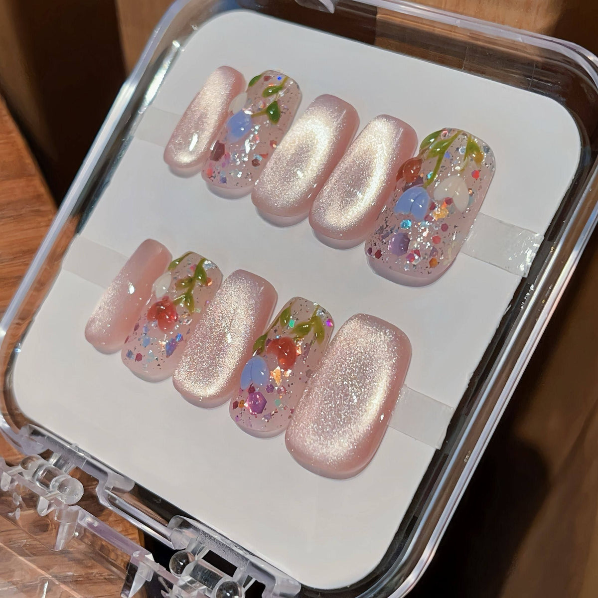 Pink Tulip Cat-Eye - Handcrafted Blush Pink Velvet Cat-Eye & Colorful Tulip Art Press-On Nails