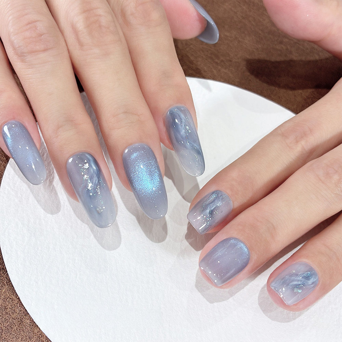 Icy Celestial Blue - Handcrafted Ice Blue Cat-Eye & Fluid Ripple Press-On Nails