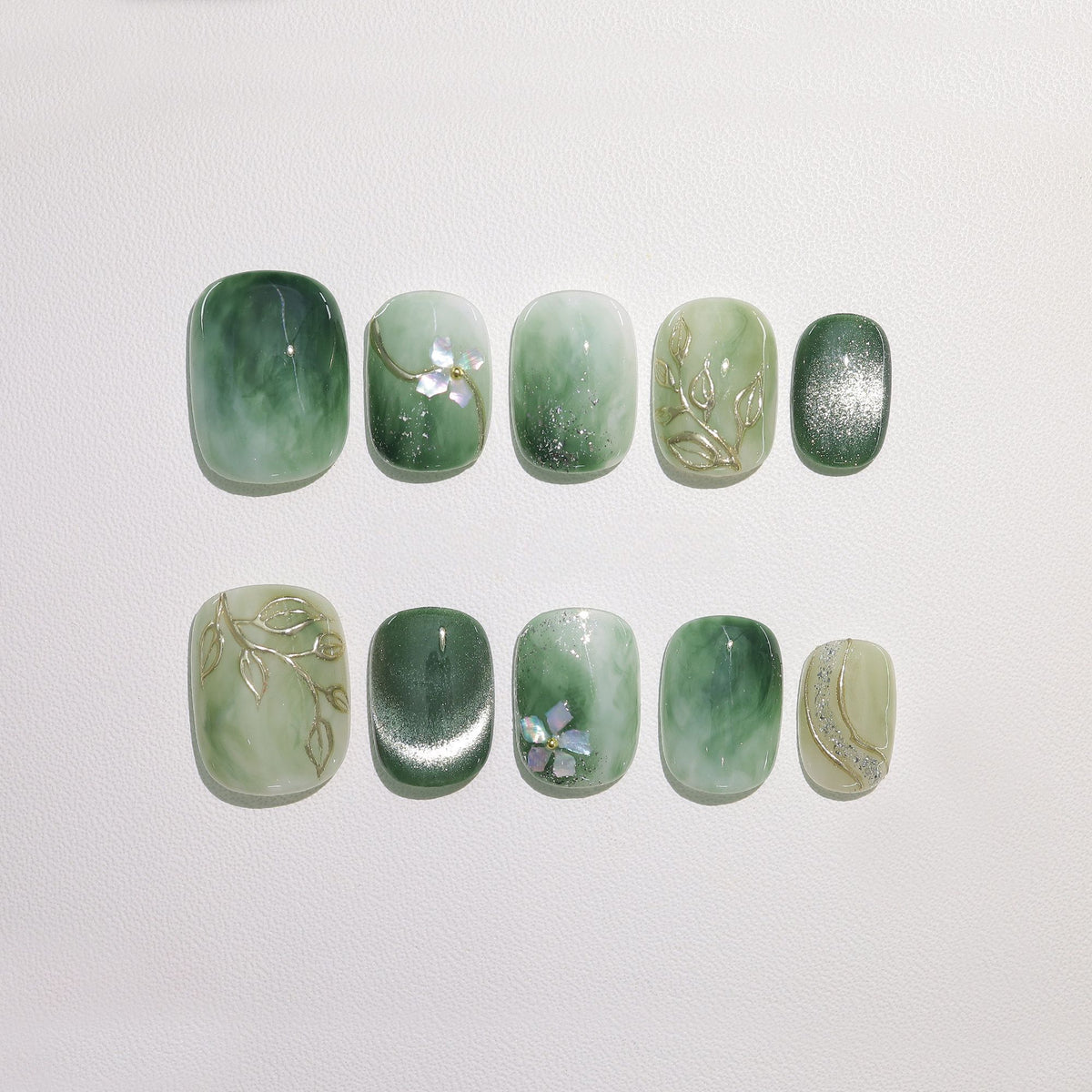 Jade Blossom Vine - Handcrafted Jade Marble & Mother of Pearl Floral Press-On Nails