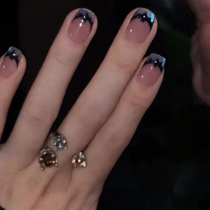 Gothic Bat Cat-Eye French - Handcrafted Bat Silhouette & Blue Cat-Eye Press-On Nails