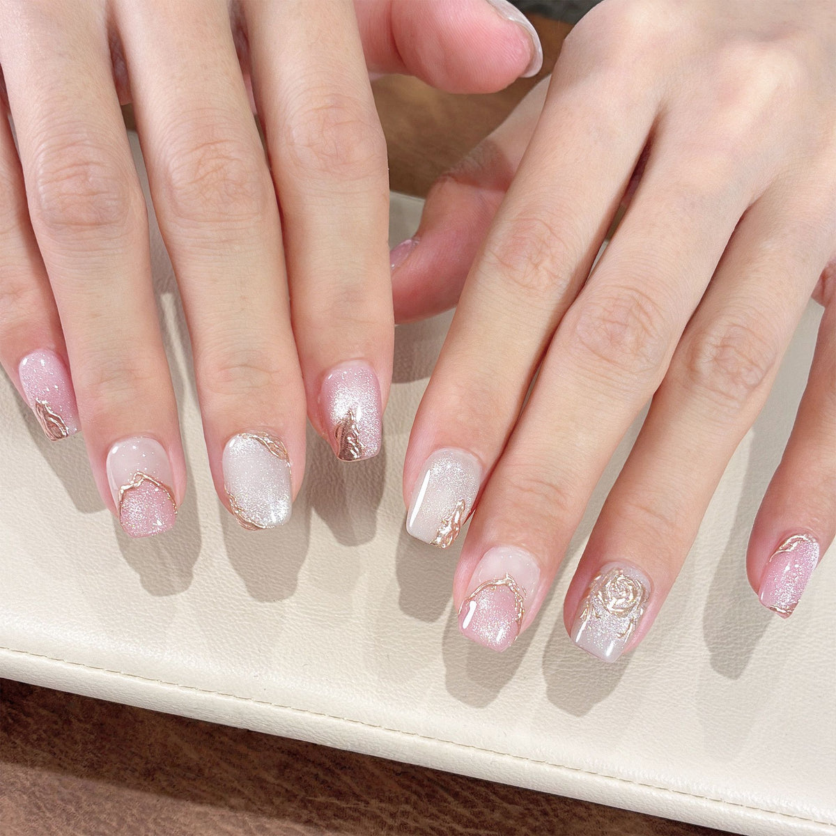 French Gold Relief Rose - Handcrafted Pink Cat-Eye & 3D Gold Rose Press-On Nails