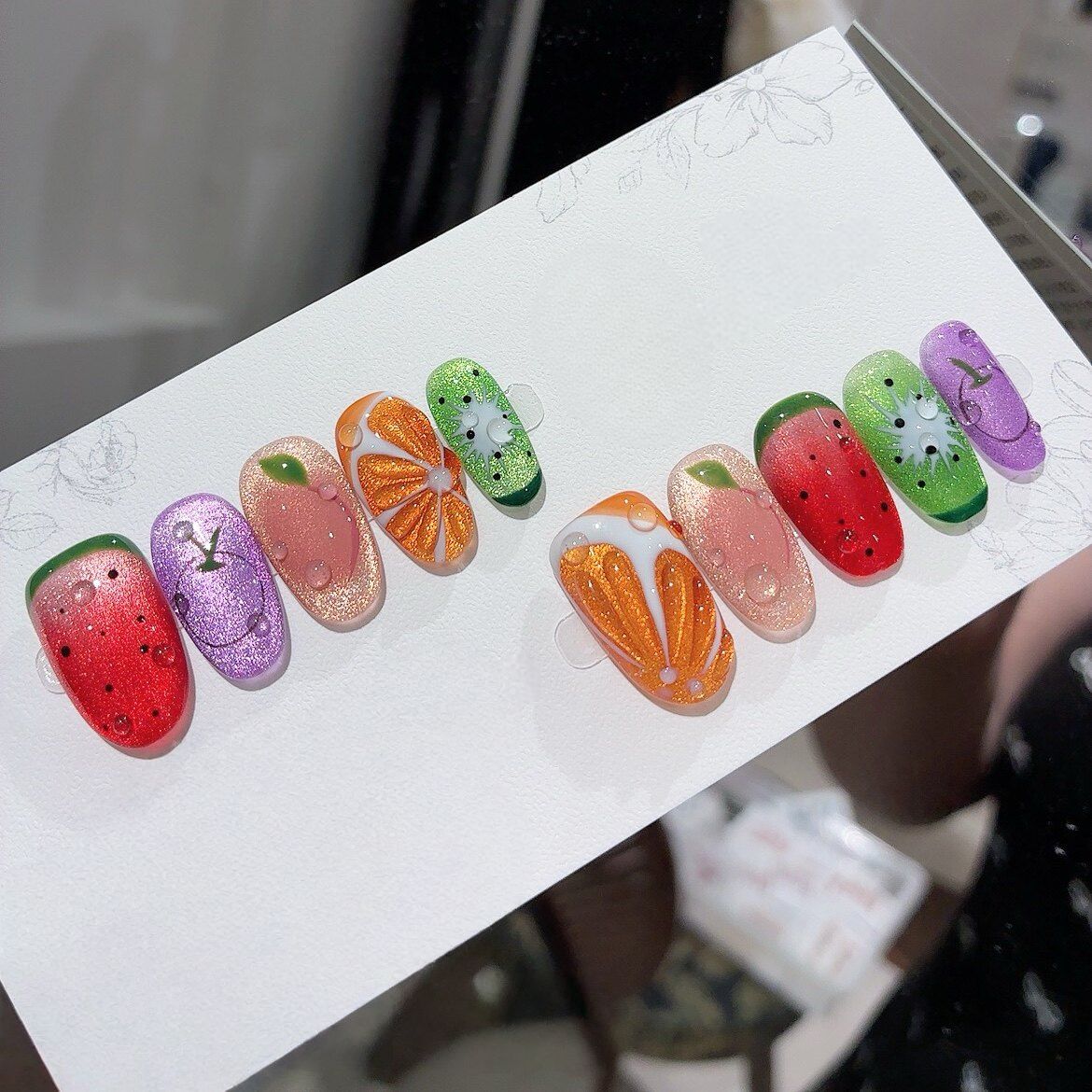 Juicy Summer Fruit - Handcrafted Multi-Color Cat-Eye & 3D Fruit Press-On Nails