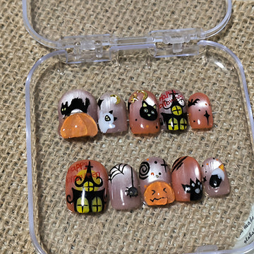 Kawaii Spooky Cat - Handcrafted 3D Pumpkin & Black Cat Halloween Press-On Nails