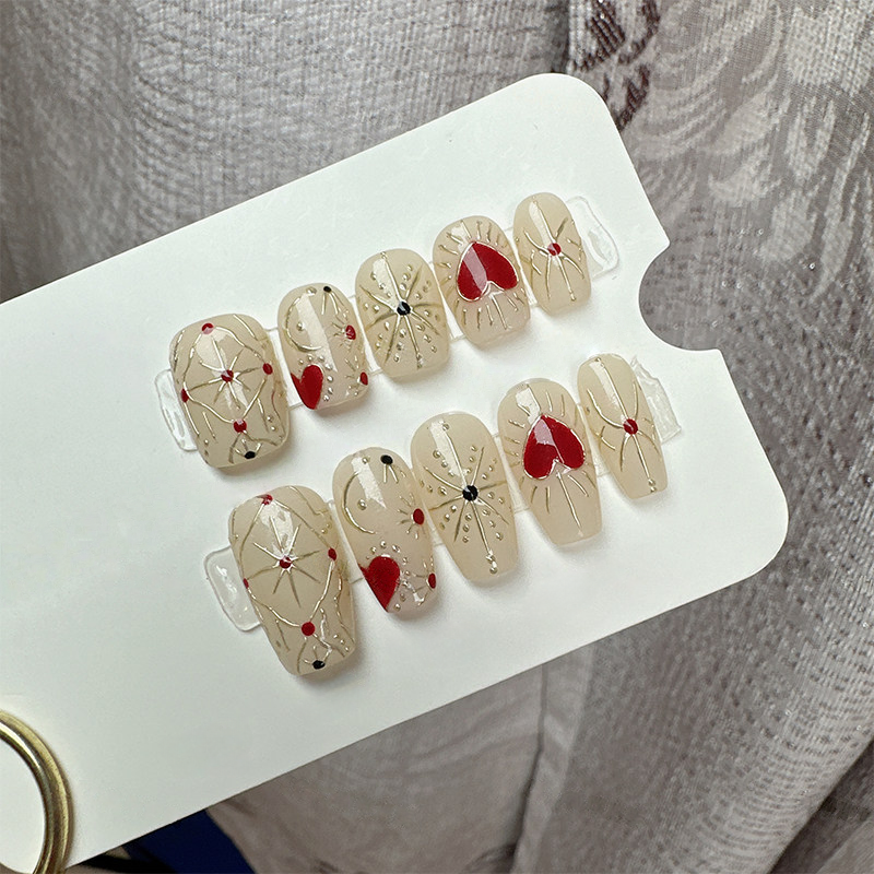 Baroque Red Heart - Handcrafted Gold Relief & Crimson Heart Press-On Nails