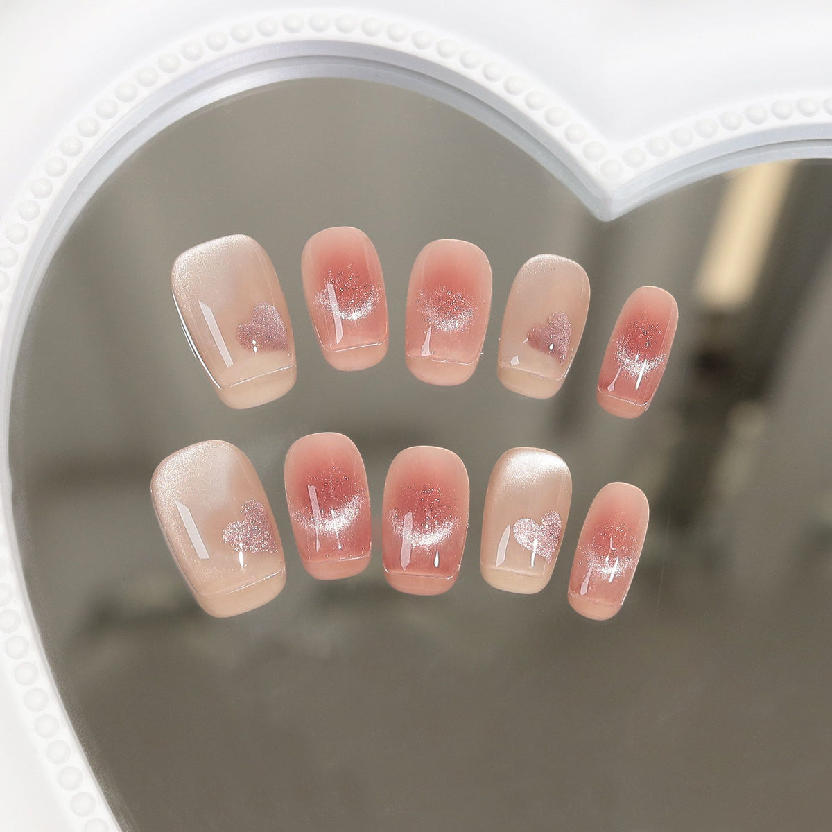 Pink Velvet Heart - Handcrafted Ice Pink Cat-Eye & 3D Magnetic Heart Press-On Nails