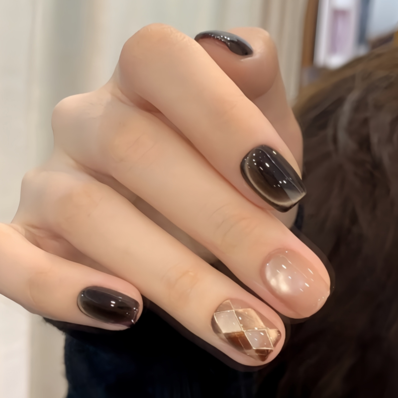 Mocha Argile Glow - Handcrafted Espresso Cat-Eye & Coffee Argile Plaid Press-On Nails