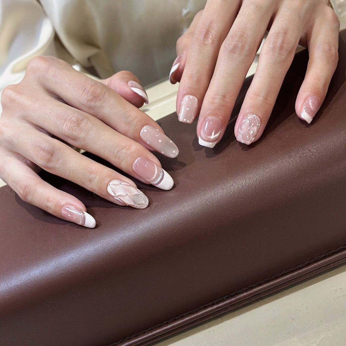 Pink Quilted Glam - Handcrafted Pink Cat-Eye & 3D Quilted French Press-On Nails