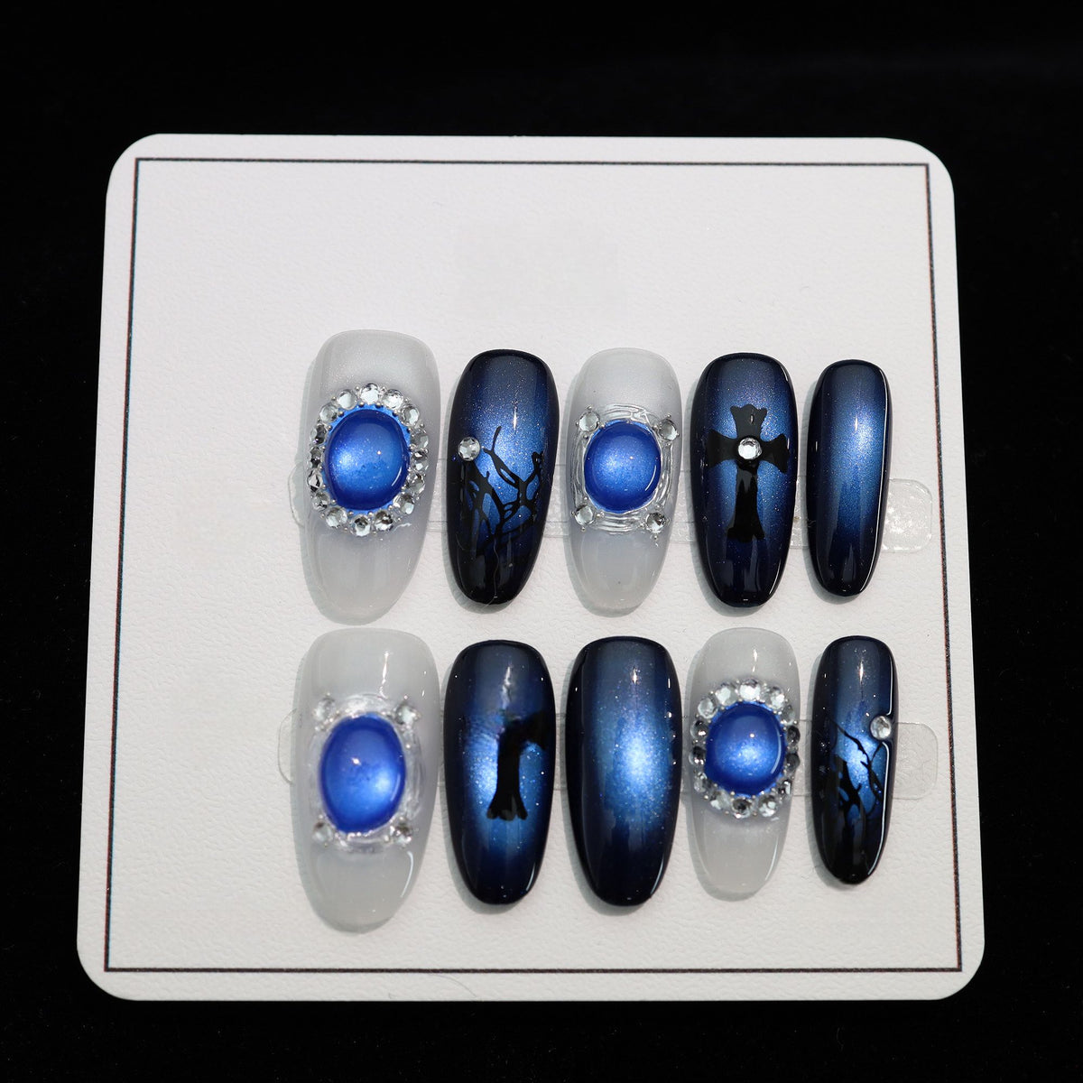 Midnight Royal Goth Gem - Handcrafted Royal Blue Cat-Eye, Gothic Cross & Sapphire Gem Press-On Nails